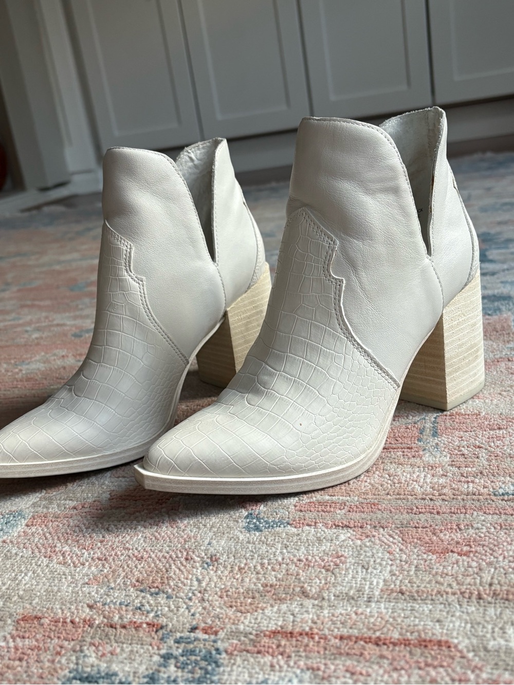Steve Madden Cream Croc-Embossed Leather Ankle Booties